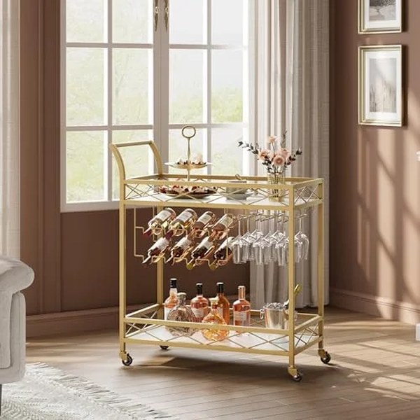 Gold 2-Tier Bar Cart with Wine Rack